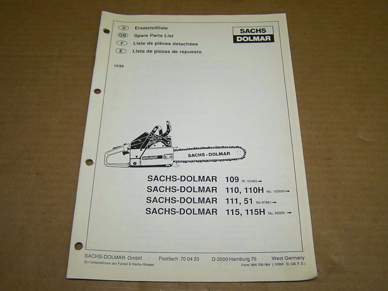 b342) Sachs Dolmar Chain Saw Parts List 109 110 111 115  