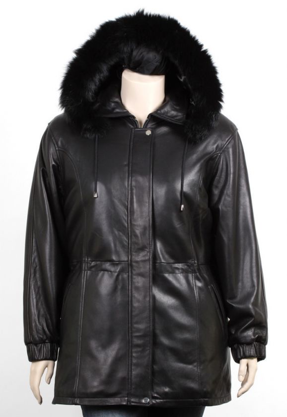 WOMENS PLUS FOX FUR LAMBSKIN BLACK LEATHER JACKET COAT  