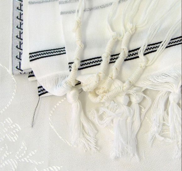 Kosher White, Black and Silver Tallit Prayer Shawl 42  x 63 