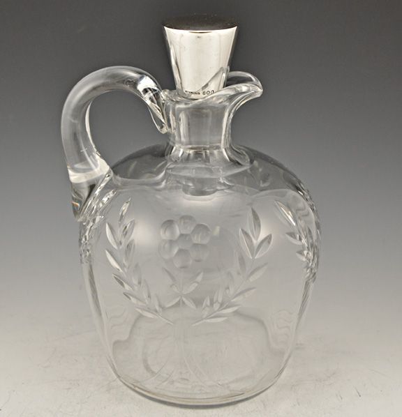 Cut Glass Oil Cruet/ Whiskey Bottle Sterling Stopper  