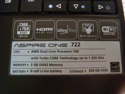 ACER ONE ASPIRE 722 0473 11.6 Windows 7 320 GB Netbook BLACK  