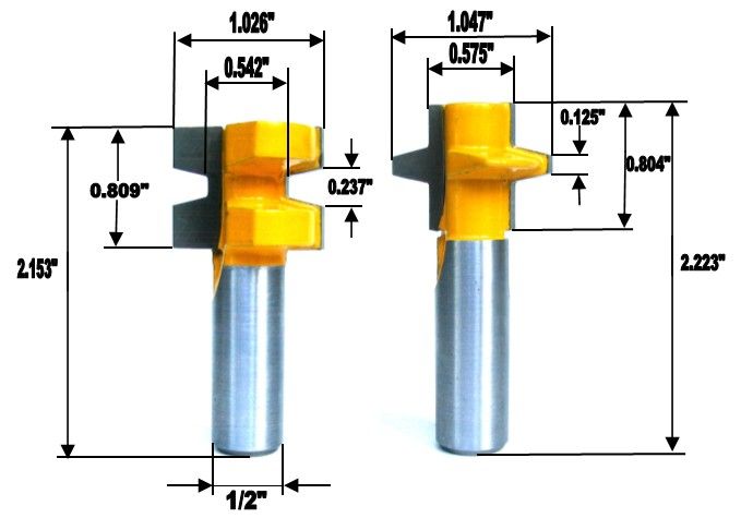 pc 1/2 SH Wedge Joint Tongue & Groove Router bit Set  