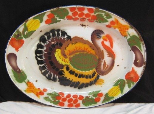 VINTAGE GRANITEWARE~ENAMEL WARE TURKEY PLATTER~18x13  