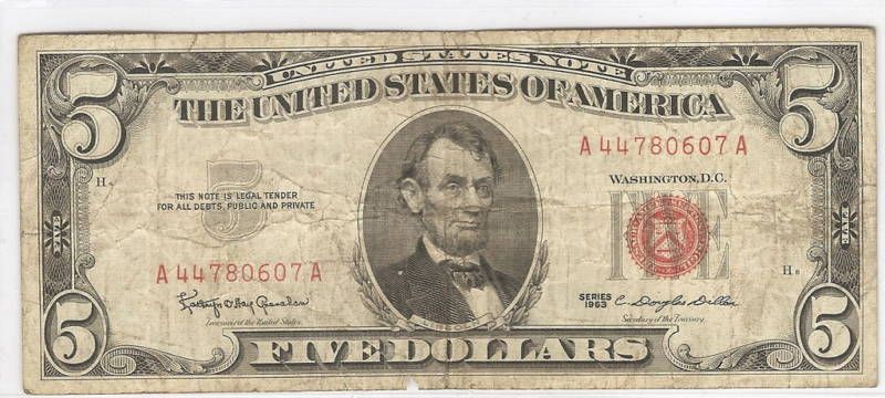 1953 SERIES $5 US NOTE ~~VG  RED SEAL  