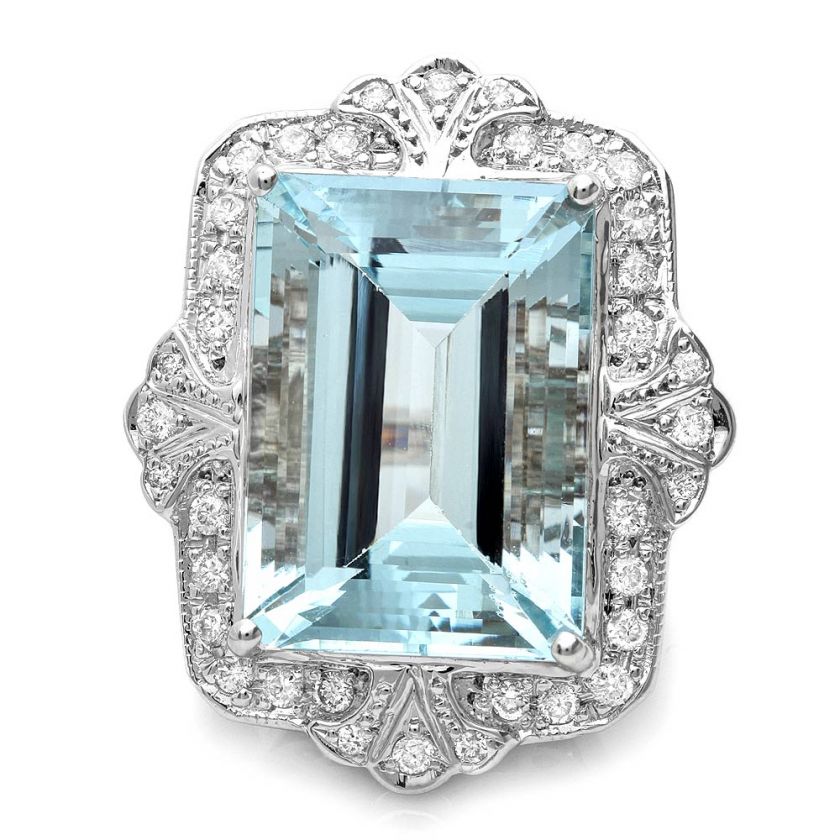 21800 CERTIFIED 14K WHITE GOLD 15CT AQUAMARINE 0.65CT DIAMOND RING 