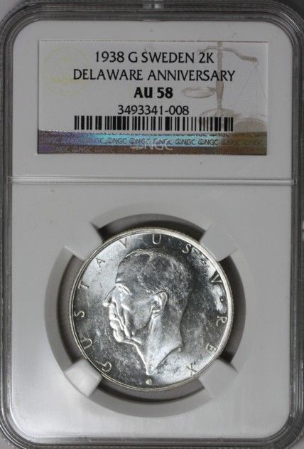 1938 NGC AU 58 SWEDEN Silver 2 KRONER (DELAWARE SETTMENT Commemorative 