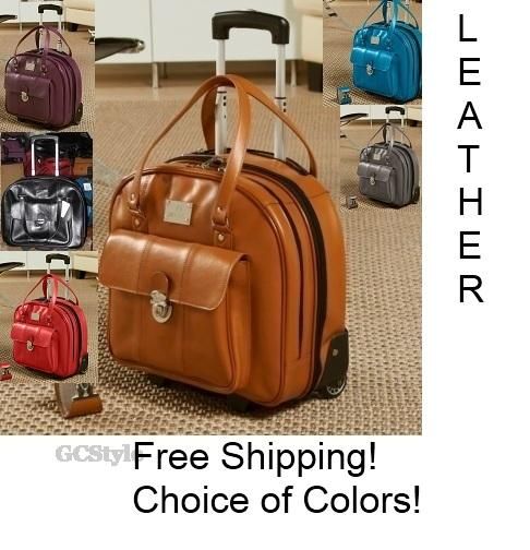 JOY MANGANO LEATHER WHEELED ROLLER BRIEFCASE LAPTOP OVERNIGHT BAG TOTE