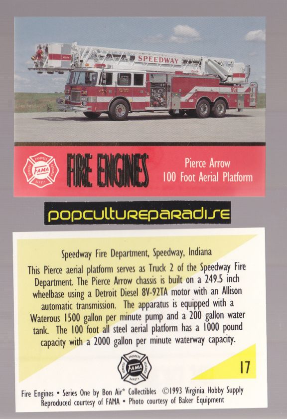 PIERCE ARROW 100 FOOT AERIAL PLATFORM FIRE TRUCK ENGINE CARD Speedway 