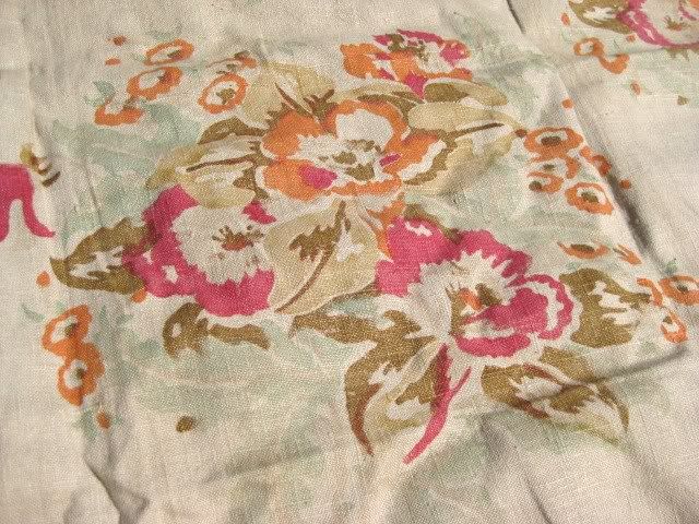 1900 vtg Linen Floral Hand Printed 4 Panel Drape Fabric  