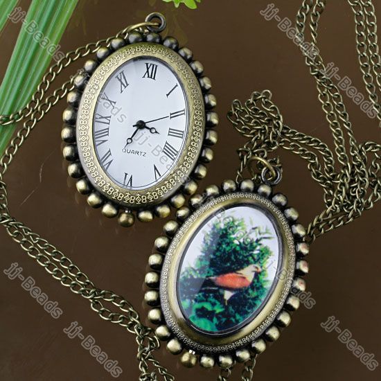 Bronze Oval Quartz Pocket Watch Pendant Chain Necklace  