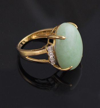 Cabochon Cabachon Green Jade Diamond 14k Gold YG Ring  