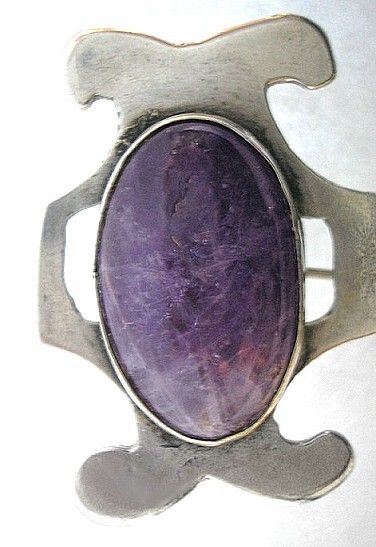 ESTATE BROOCH ANTIQUE MEXICO SILVER TRIPLE AMETHYST CABOCHONS  