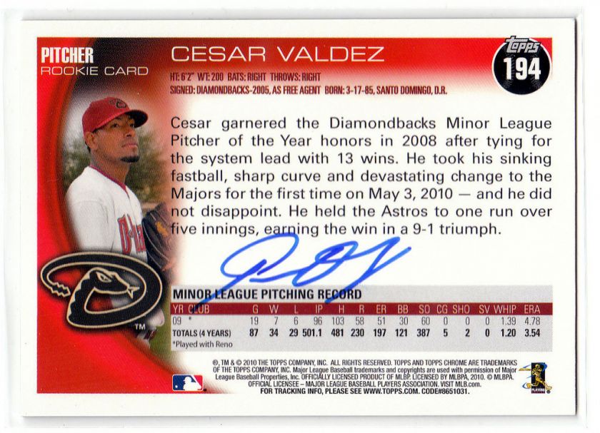 2010 Topps Chrome Rookie Dual Autograph Auto Cesar Valdez  