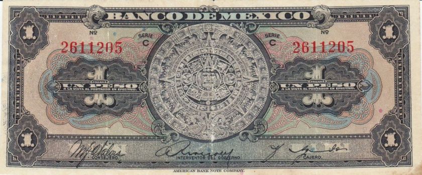 Banco de Mexico $ 1 Peso Stone Calendar Azteca *** NO DATE ***  