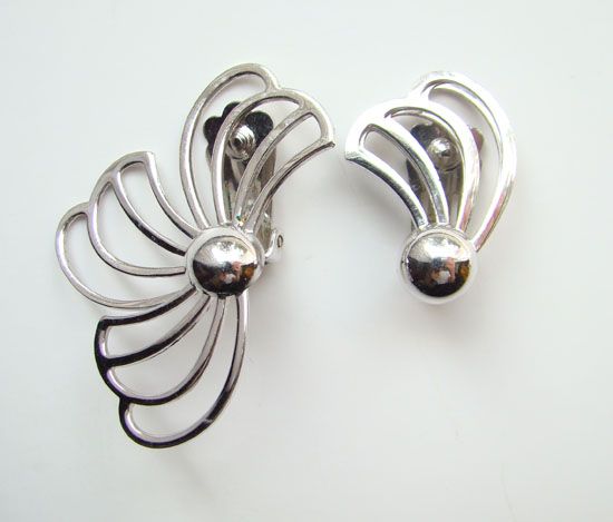 Modernist Atomic Age Pair Coro Earrings Rhodium Fan Out  