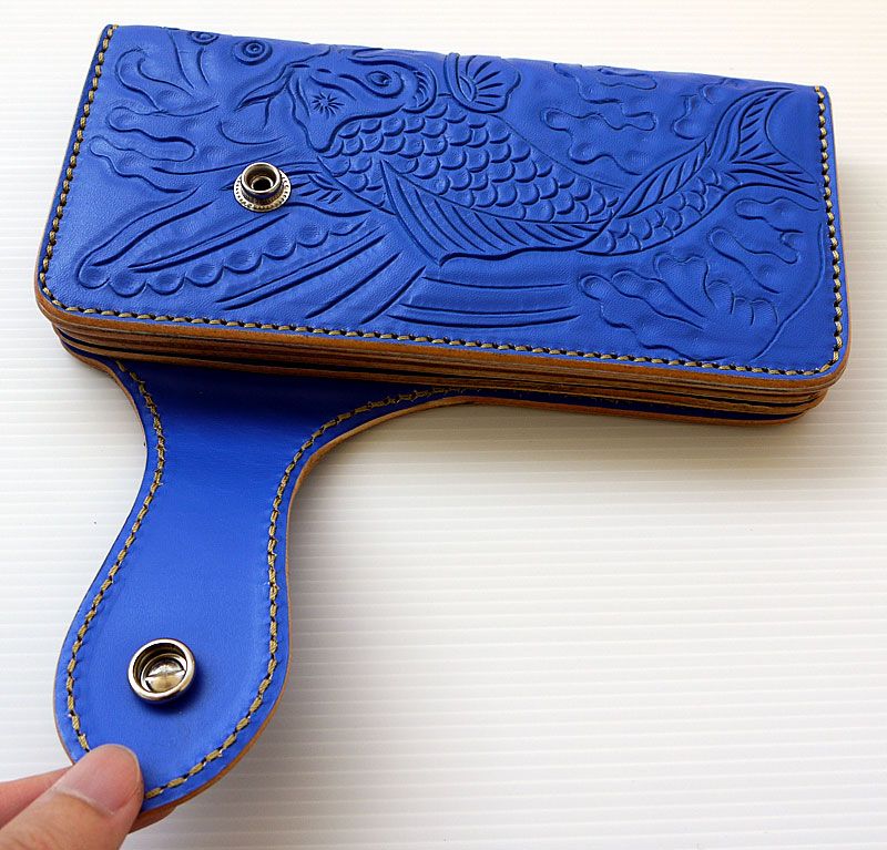 BLUE JAPANESE KOI CARP FISH TATTOO GENUINE COWHIDE LEATHER LONG WALLET 