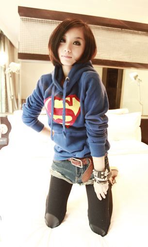   lady casual cute super man logo long sleeve sports hoodie top outwear