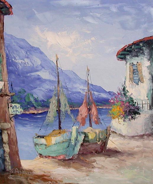   Camprio Oil Painting Mediterranian Bay Village Dutch Listed Artist