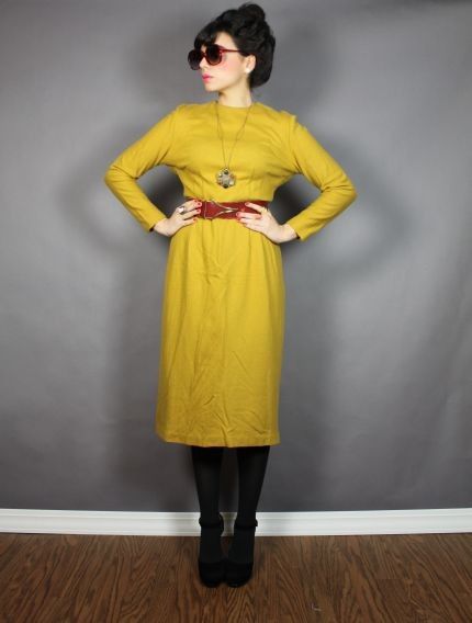 vintage 60s Rare Zipper Slvs. BEATNIK Mustard Wool Wiggle Dress M 