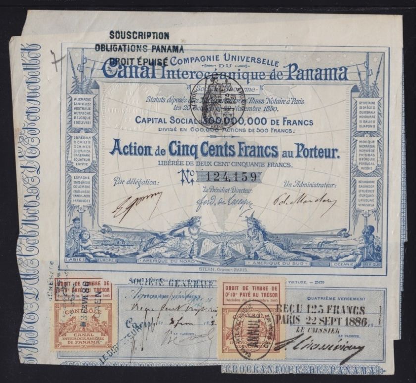 PANAMA CANAL 1880 CANAL INTEROCEANIQUE DE PANAMA STOCK CERTIFICATE 