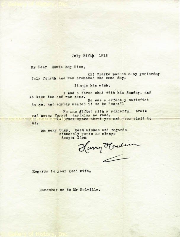 HARRY THE HANDCUFF KING HOUDINI   TYPED LETTER SIGNED  