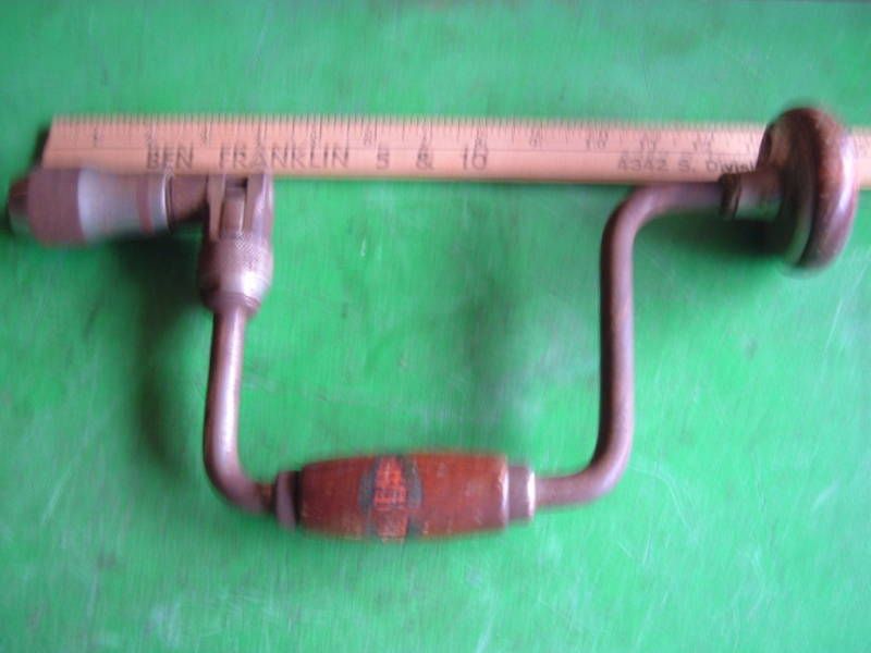 vintage wood drill brace farm carpenter tool w/ label  