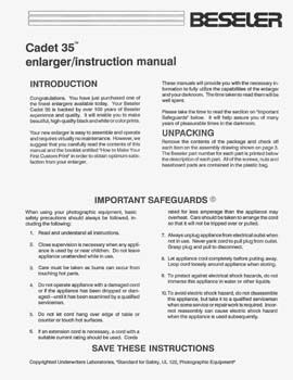   instruction manual for the Beseler Cadet 35, 35mm condenser enlarger