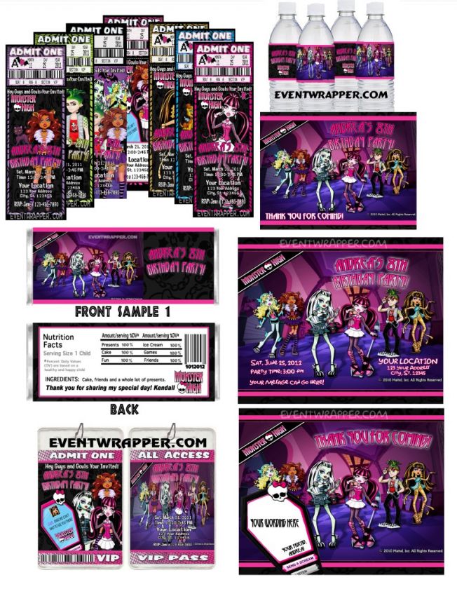 MONSTER HIGH BIRTHDAY PARTY INVITATIONS VIP PASSES AND FAVORS SEVERAL 
