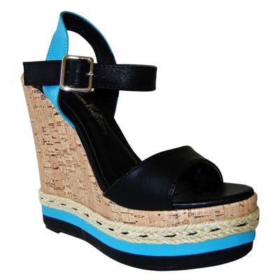 Ankle Straps Cork Wedge w Black Teal Contrast Topstitched Jute 