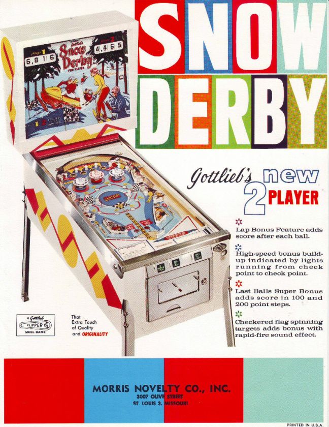 GOTTLIEB & CO. SNOW DERBY ORIG NOS PINBALL MACHINE FLYER SALES 