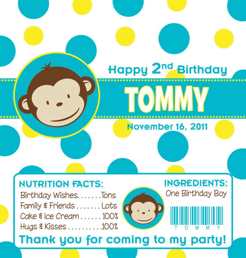 MOD MONKEY BOY BIRTHDAY CANDY WRAPPERS / PARTY FAVORS  