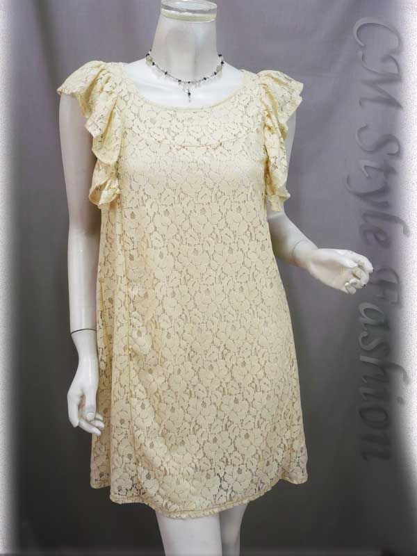 Ruffled Lace Girly Smock Summer Tunic Dress Beige S  