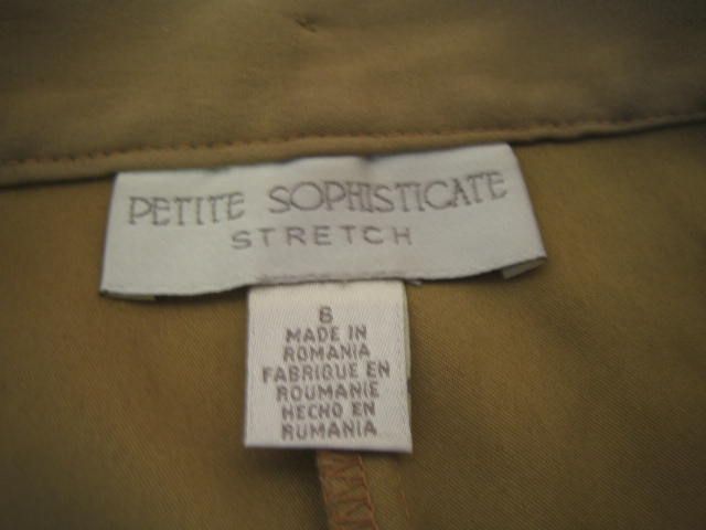   are a camel brown pair of slacks made of 96% polyester and 4% spandex