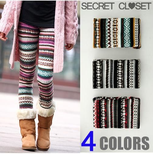 Retro Fashion Womens Soft Knitted Warm Multi Colored Vintage Leggings 