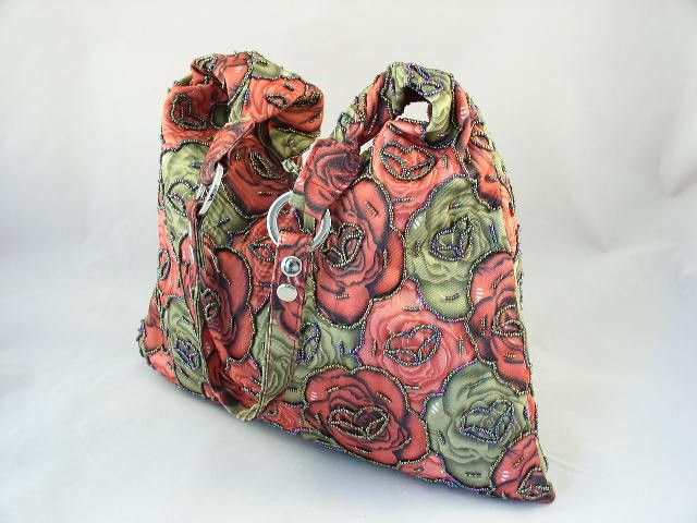 Red & Olive Green Beaded Flowers Bag Hobo Shopping HL 9327