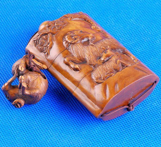 Japanese Carved Wood Boxwood Inro Sheep Netsuke Carving  