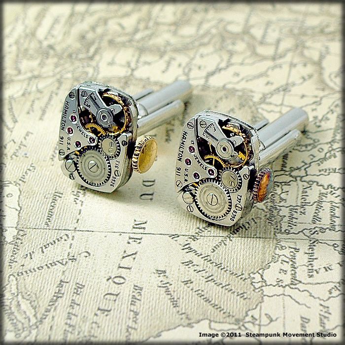 Steampunk Cufflinks   Matching Vintage Watch Movement  