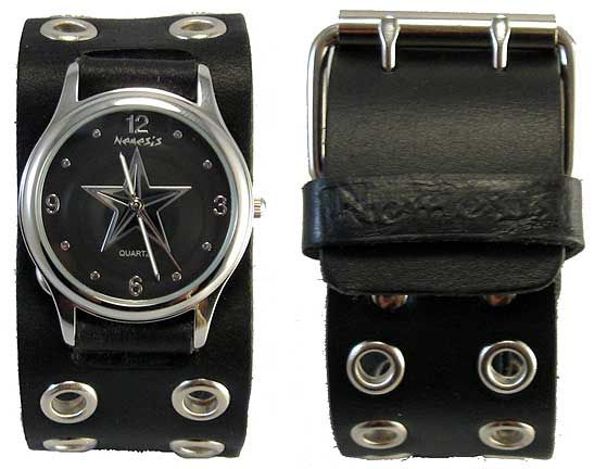 NEMESIS BLACK RIVET STAR LEATHER CUFF WATCH UNISEX NEW PUNK  