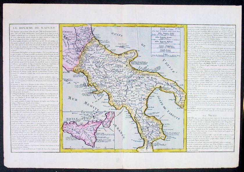 1767 Clouet Large Antique Map Southern Italy & Sicily  
