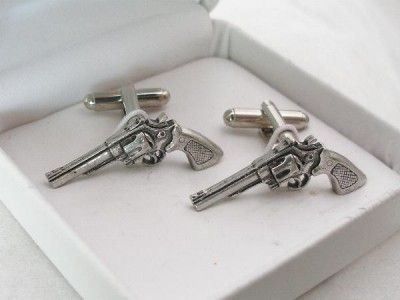 Revolver Cufflinks Pewter six shooter, hand gun, pistol  