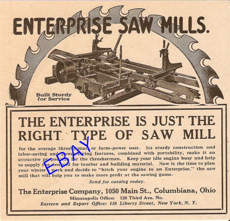 NICE OLD 1920 ENTERPRISE SAW MILL AD COLUMBIANA OHIO  