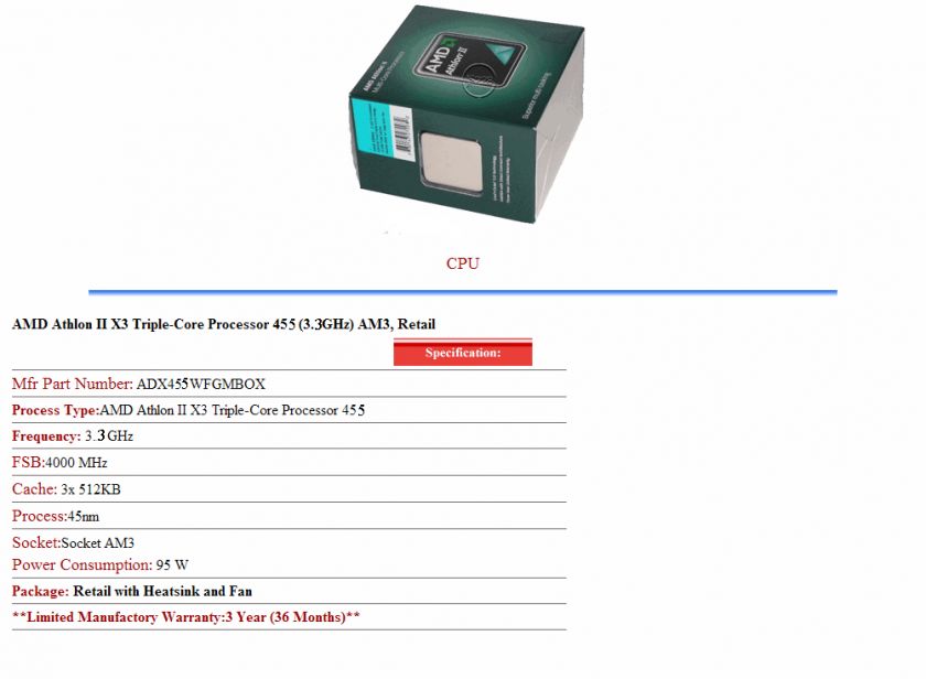 AMD Athlon II X3 Triple Core Processor 455 (3.3 GHz)  