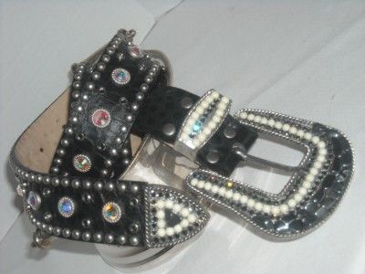   Leatherock black leather rhinestone crusted jeweled belt size L FLASHY