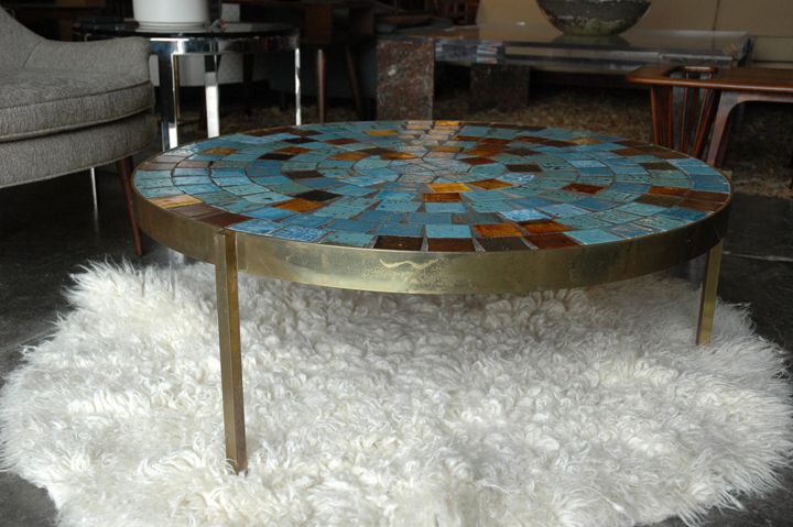 Mid Century Modern Tile & Brass Cocktail Coffee Table , Eames Natzler 