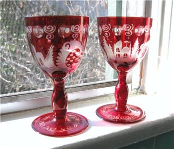 VINTAGE CZECH BOHEMIAN ETCHED CUT RED GLASS Liquor  