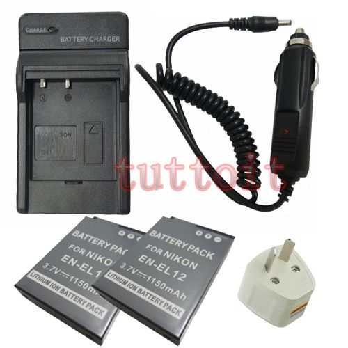 2x EN EL12 BATTERY+CHARGER FOR Nikon S1000pj S1100pj  