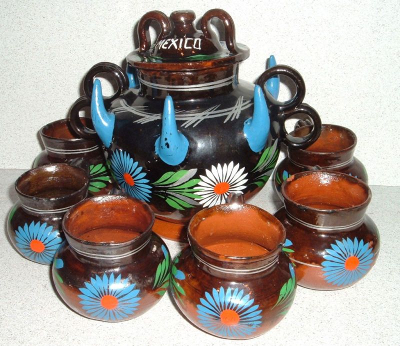 Vintage Mexican Redware PULQUE Jar Jug 6 Mugs   Mexico  