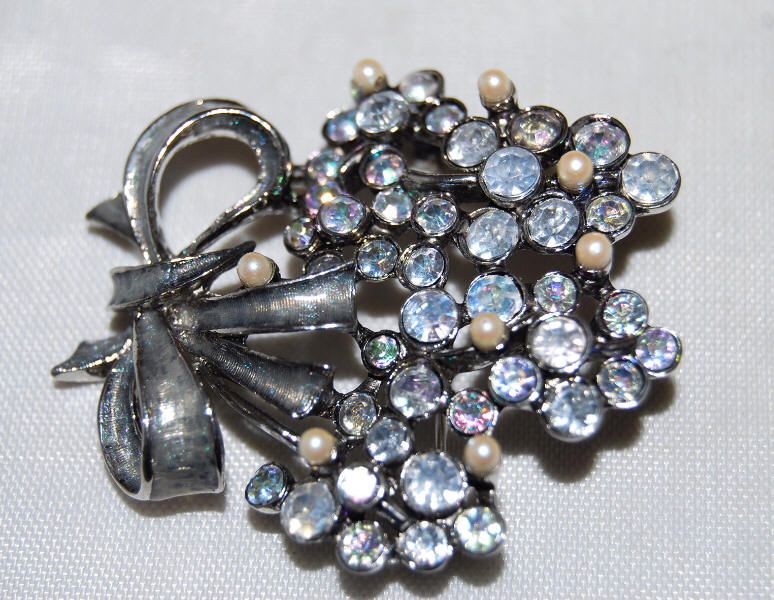 Vintage Monet Pearl & Rhinestone Flower Bouquet Pin  