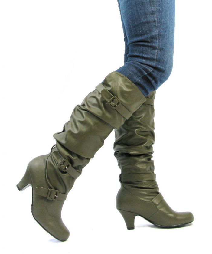 NEW WOMANS KNEE LENGTH HIGH KITTEN HEEL KHAKI OLIVE GREEN BOOTS SIZE 3 