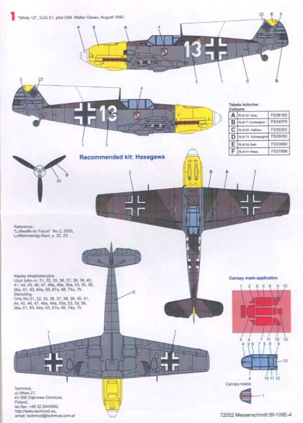 Techmod Decals 1/72 MESSERSCHMITT Me 109E 4 w/Mask  